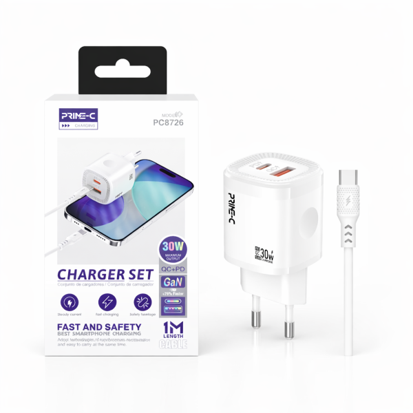 Cargador 30W 3A USB y Type-C a Type-C PC8726