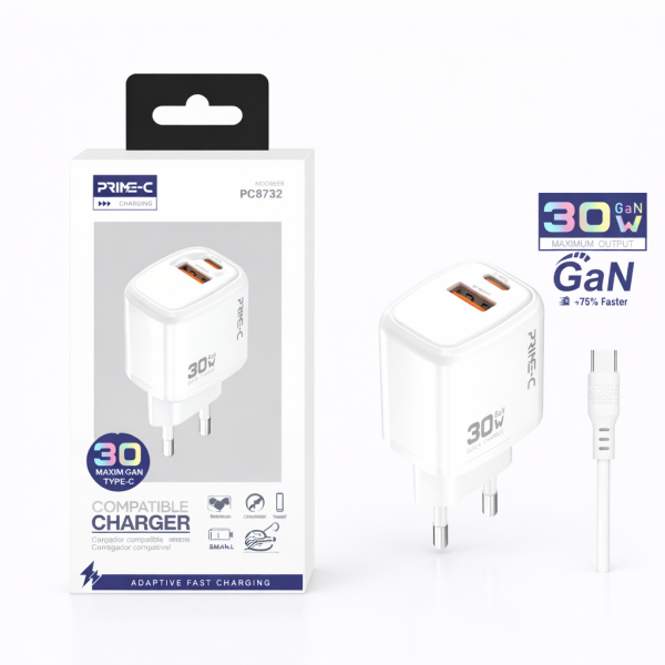 Cargador 30W 3A USB y Type-C a Type-C PC8732