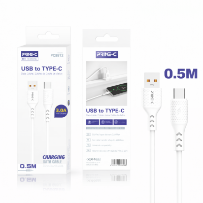 Cable USB - Type-C 0.5M 3A Carga Rápida y Segura PC8812-0.5M-BLANCO