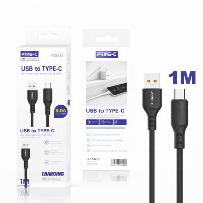 Cable USB - Type-C 1M 3A Carga Rápida y Segura PC8812-1M-NEGRO