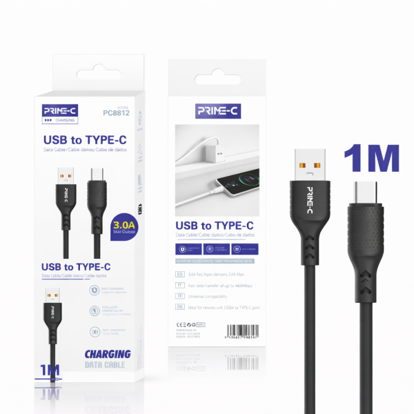 Cable USB - Type-C 1M 3A Carga Rápida y Segura PC8812-1M-NEGRO