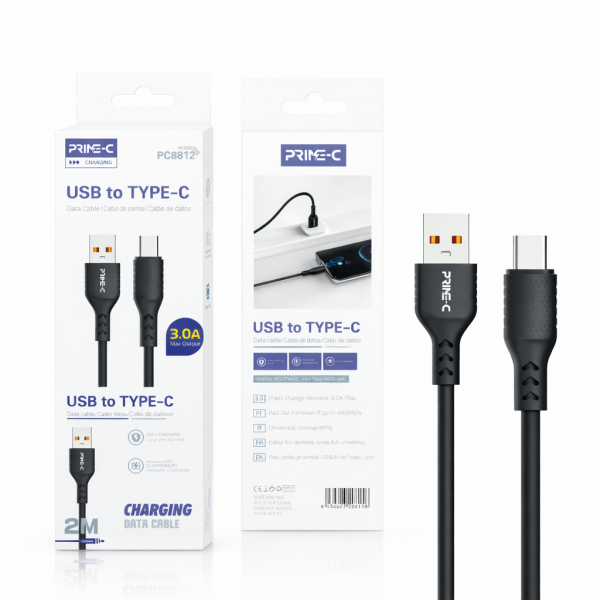 Cable USB - Type-C 2M 3A Carga Rápida y Segura PC8812-2M-NEGRO