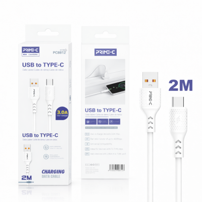 Cable USB - Type-C 2M 3A Carga Rápida y Segura PC8812-2M-WHITE