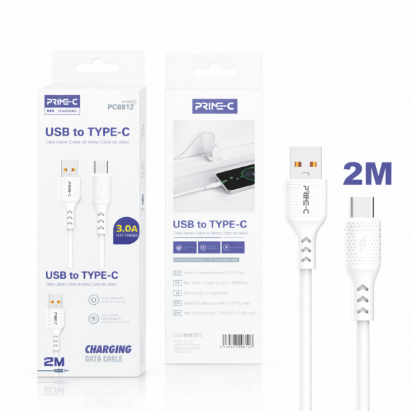 Cable USB - Type-C 2M 3A Carga Rápida y Segura PC8812-2M-WHITE