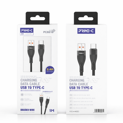Cable USB - Type-C 1M 3A Aluminio Carga Rápida y Segura PC8816-BLACK