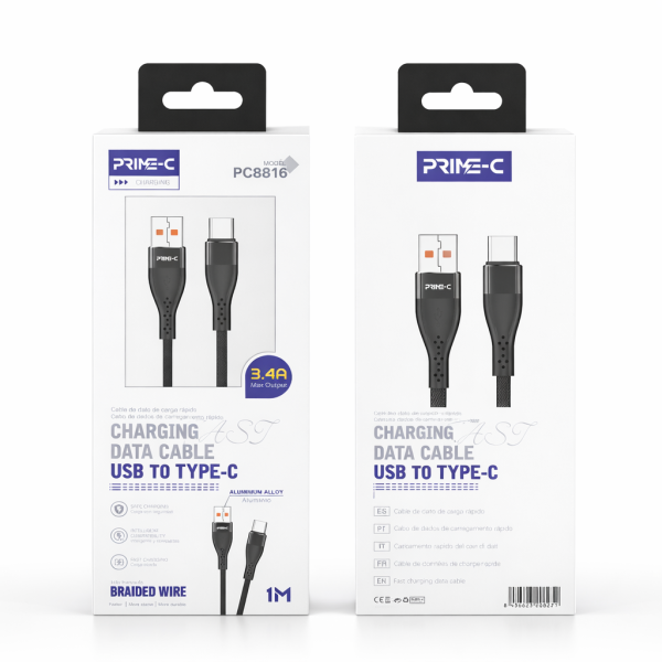 Cable USB - Type-C 1M 3A Aluminio Carga Rápida y Segura PC8816-BLACK