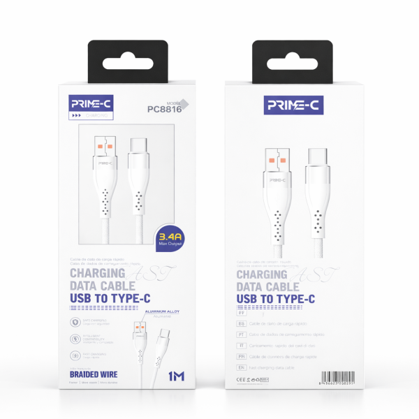 Cable USB - Type-C 1M 3A Aluminio Carga Rápida y Segura PC8816-WHITE
