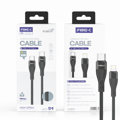 Cable Type-C - Type-C 1M 60W Aluminio Carga Rápida y Segura PC8818-BLACK