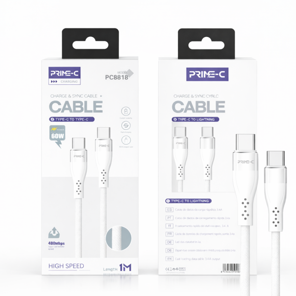 Cable Type-C - Type-C 1M 60W Aluminio Carga Rápida y Segura PC8818-WHITE