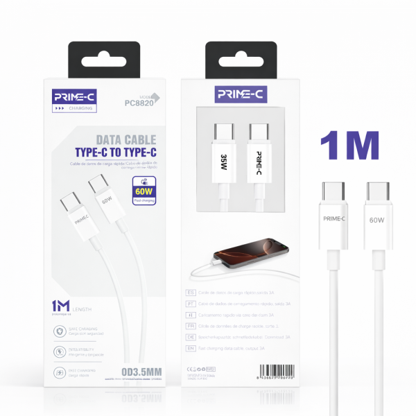 Cable Type-C - Type-C 1M 60W Carga Rápida y Segura PC8820-WHITE