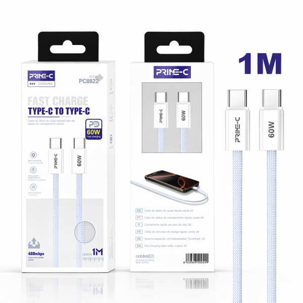 Cable Type-C - Type-C 1M 60W Carga Rápida y Segura PC8822-BLUE