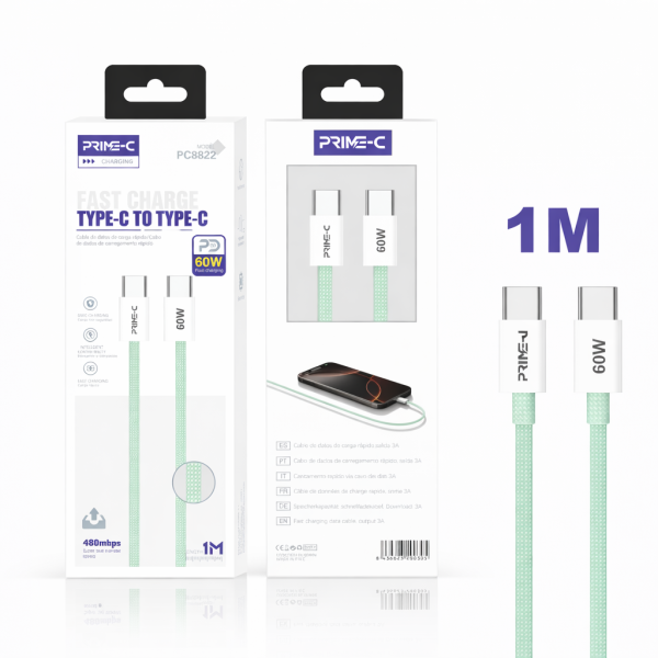 Cable Type-C - Type-C 1M 60W Carga Rápida y Segura PC8822-GREEN