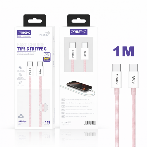 Cable Type-C - Type-C 1M 60W Carga Rápida y Segura PC8822-PINK