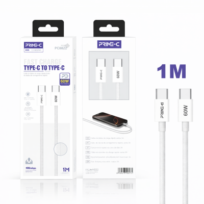 Cable Type-C - Type-C 1M 60W Carga Rápida y Segura PC8822-GREY