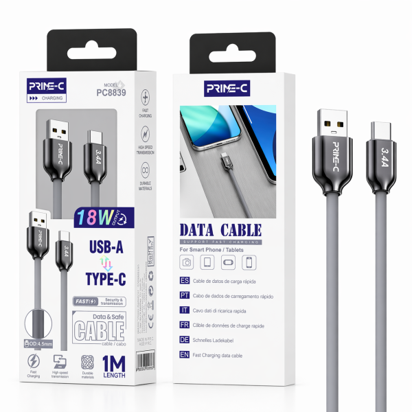 Cable USB - Type-C 1M 3A Carga Rápida y Segura PC8839-GY