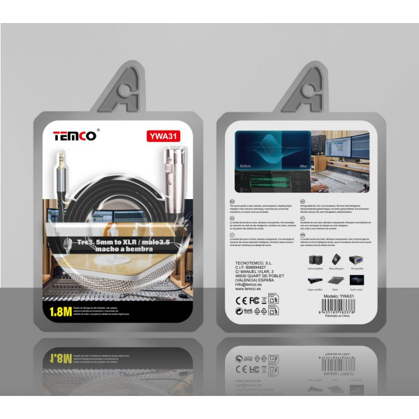 Cable de Audio Jack 3.5 mm a XLR Macho 1.8 m para Micrófono y Mezclador