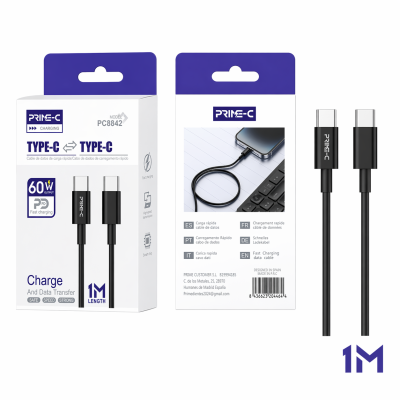 Cable Type-C - Type-C 1M 60W Carga Rápida y Segura PC8842-BK