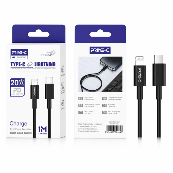 Cable Type-C - Lightning 1M 20W Carga Rápida y Segura para Apple PC8841-BK