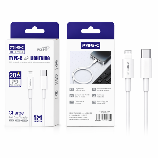 Cable Type-C - Lightning 1M 20W Carga Rápida y Segura para Apple PC8841-WH