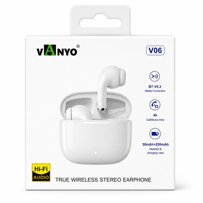 Auriculares TWS Inalámbricos Bluetooth 5.3 HD Stereo Con Bateria de Uso 4-5 Horas Conexion Estable Bluetooth VANYO-V06