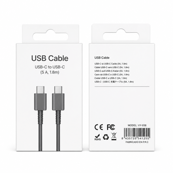 Cable 5A Type-C To Type-C 1.8M en Negro VY-038