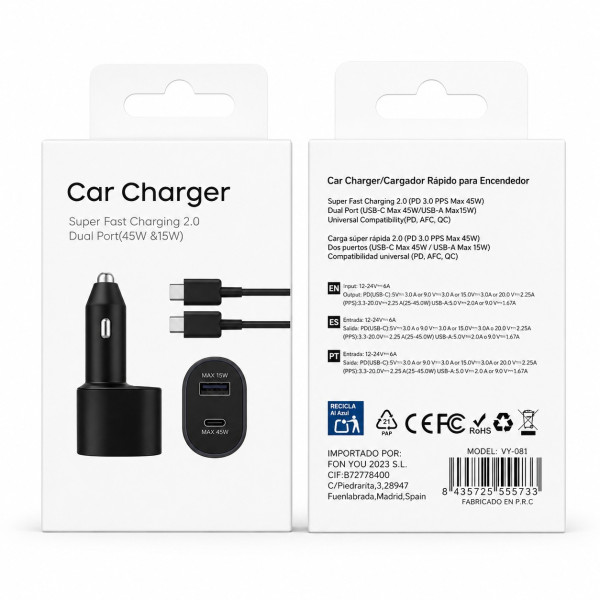 Cargador de Coche 45W & 15W 1TYPE-C 1 USB de Carga Rapido en Negro con Cable USB - Type-C VY-081