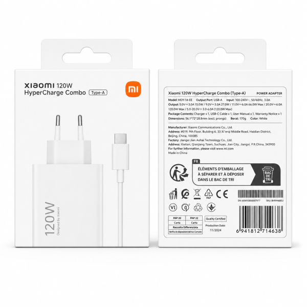 Cargador 120W Con Cable USB To Type-C 1M Xiaomi (PREMIUN)