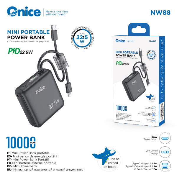 Bateria Externa 10000 mAh con Cable de Carga Rapida 22.5W Power Bank NW88