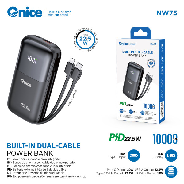 Bateria Externa 10000 mAh con Cable de Carga Rapida 22.5W Power Bank NW75