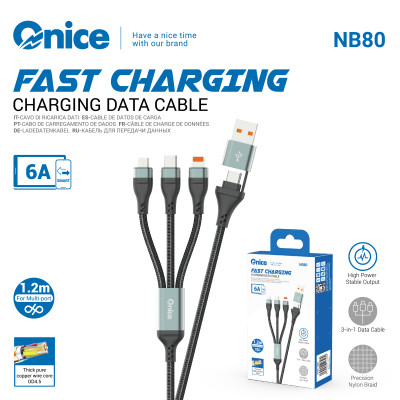 Multi Cable USB de Carga 4 en 1 de Nailon 6A Fast Charging Type-C a Usb Micro V8 Type-C Lightning