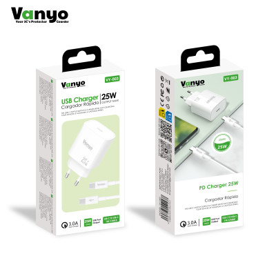 Cargador con Cable Type-C - Type-C de 25W PD3.0 Carga Rapida en Blanco 1M