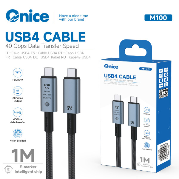 Cable USB4 Tipo C a Tipo C 240W, 40Gbps, vídeo 8K@60Hz, carga rápida PD, compatible con portátiles, móviles y SSD