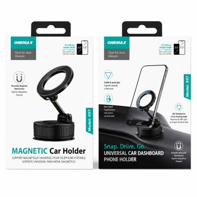 Soporte magnético con ventosa para coche, giro 360°, fijación firme, instalación rápida y compatible con MagSafe.