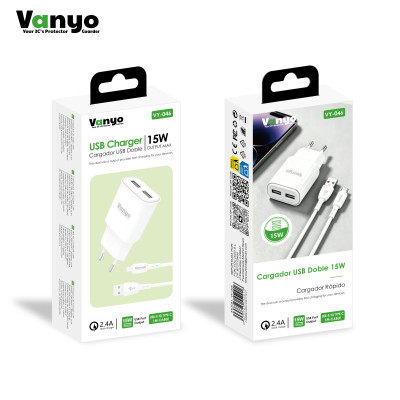 Cargador 2 Usb Con 1M De Cable Carga Rapida 15W PVC VY-046 Usb A Type-C