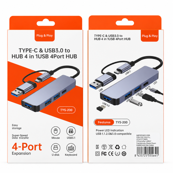 TYPE-C & USB 3.0 to HUB 4 in 1 USB 4Port HUB（TYS-200）