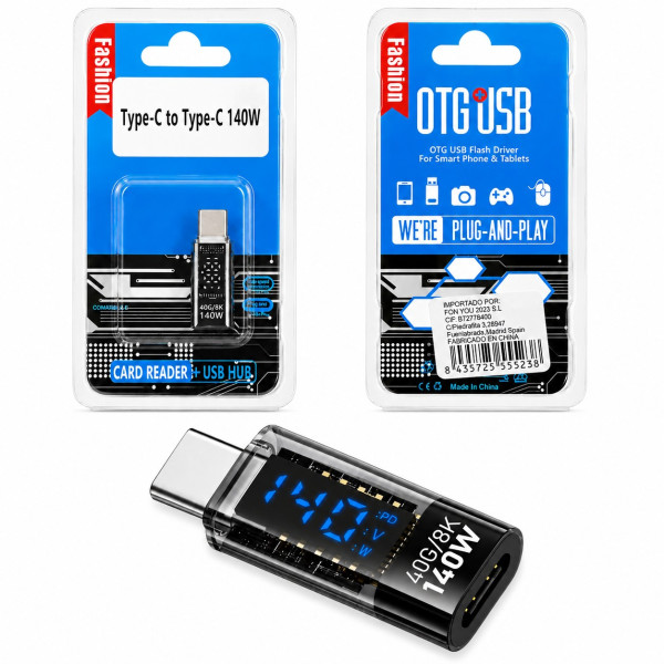 Adaptador USB-C PD 140W con Medidor de Potencia, Pantalla LED, 8K 60Hz, Chip Inteligente de 40Gbps para iOS y Portátil