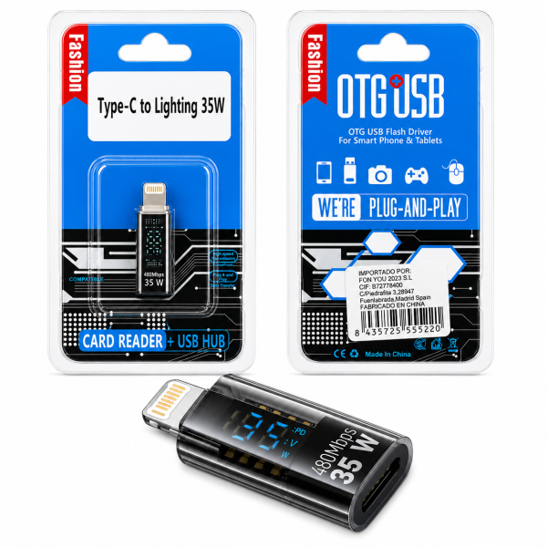 Adaptador Tipo C Hembra a Lightning Macho, Convertidor de Carga Rápida 35W con Pantalla Digital para iPhone 15, 14, 13 Pro Max
