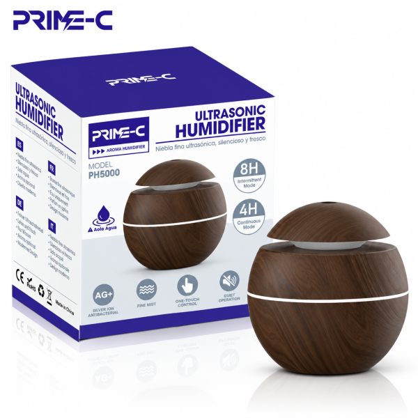 Humidificador Ultrasónico PRIME-C PH5000 – Difusor de Niebla Fina, Silencioso, Efecto Madera Oscura