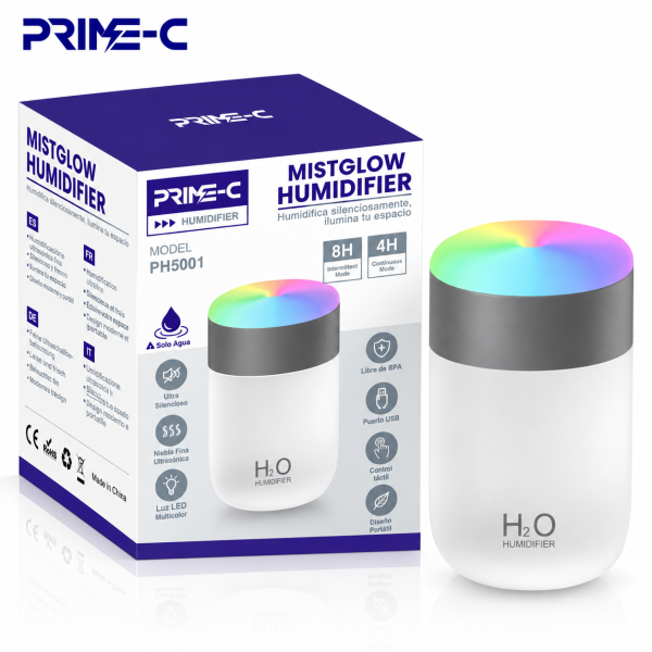 Humidificador Ultrasónico PRIME-C PH5001 MistGlow – 240 ml, Luz LED Multicolor, Silencioso