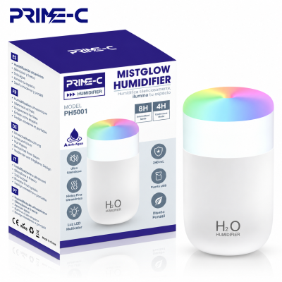 Humidificador Ultrasónico PRIME-C PH5001 MistGlow 240 ml con Luz LED Multicolor – Blanco