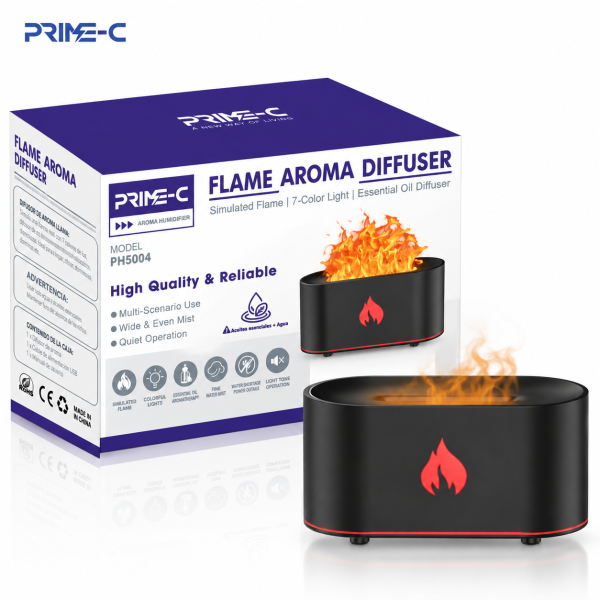 Difusor de Aromas PRIME-C PH5004 con Efecto Llama y Luz LED de 7 Colores – Negro