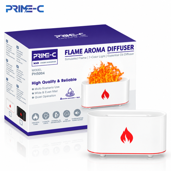 Humidificador y Difusor de Aromas PRIME-C PH5004 – Efecto Llama, 7 Colores LED y Aromaterapia – Blanco