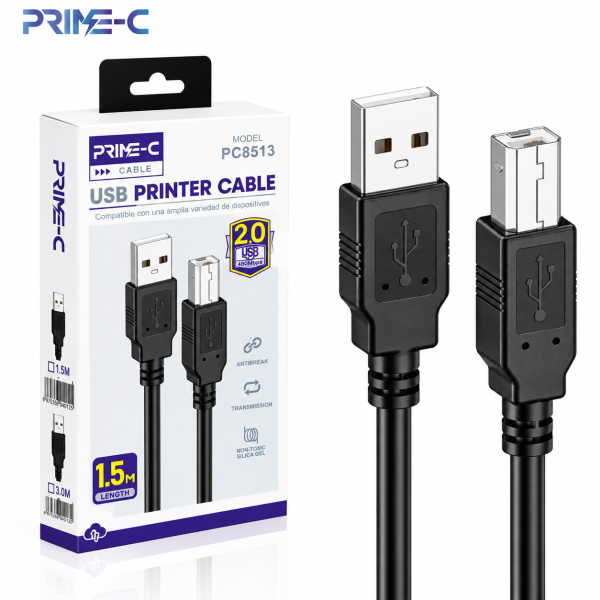 Cable USB 2.0 para Impresora USB-A a USB-B PRIME-C PC8513 – 1,5 m