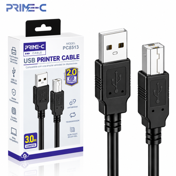 Cable USB 2.0 para Impresora USB-A a USB-B PRIME-C PC8513 – 3 m
