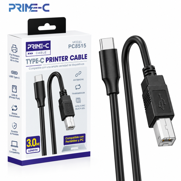 Cable USB-C a USB-B para Impresora PRIME-C PC8515 – 3 m