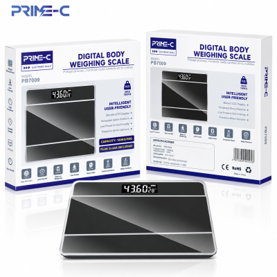 Báscula Digital de Baño PRIME-C PB7009 – Cristal Templado, LCD, hasta 180 kg – Negro