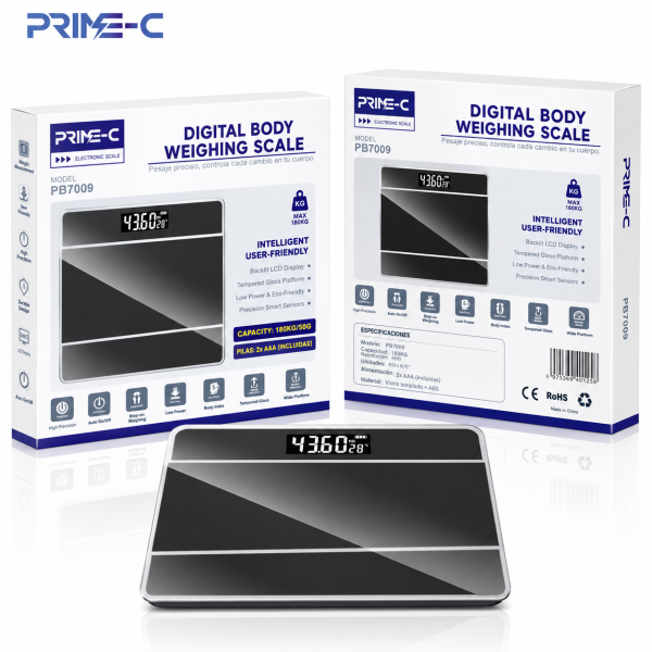 Báscula Digital de Baño PRIME-C PB7009 – Cristal Templado, LCD, hasta 180 kg – Negro