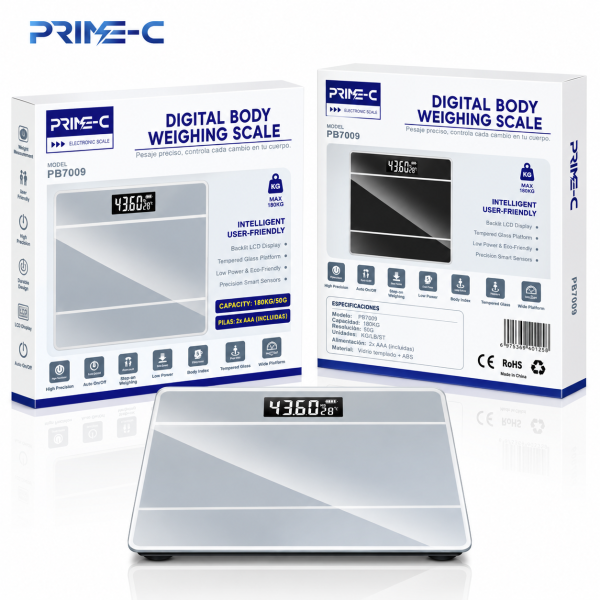 Báscula Digital de Baño PRIME-C PB7009 – Cristal Templado, LCD, hasta 180 kg – Blanco