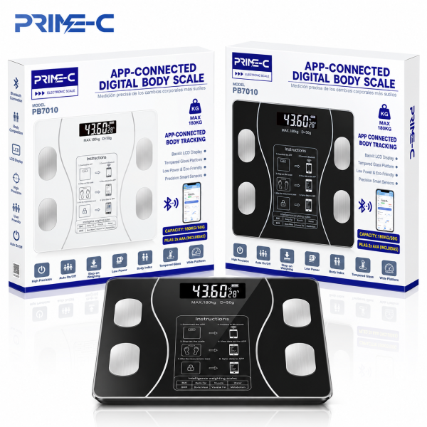 Báscula Inteligente de Baño PRIME-C PB7010 con Bluetooth y APP – Análisis Corporal, hasta 180 kg – Negro