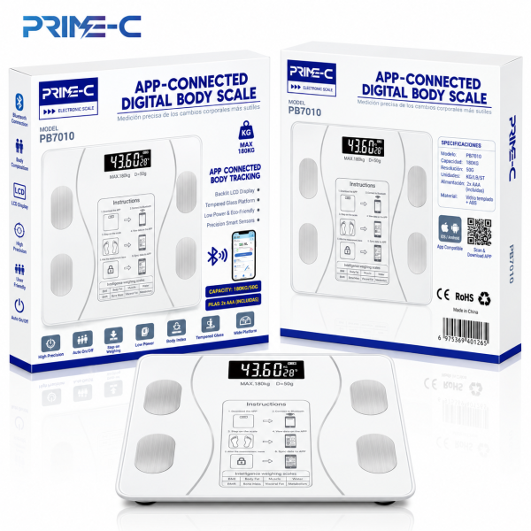 Báscula Inteligente de Baño PRIME-C PB7010 con Bluetooth y APP – Análisis Corporal, hasta 180 kg – Blanco